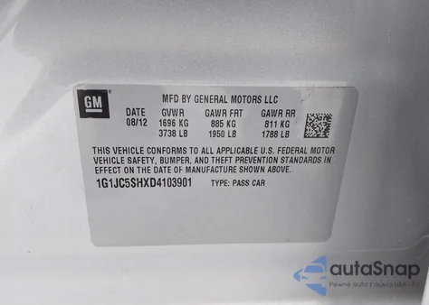 2013 Chevrolet Sonic Lt Auto z USA, uszkodzony, nr VIN 1G1JC5SHXD4103901